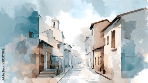 Modern Watercolor Illustration of an Empty Urban Street and Buildings