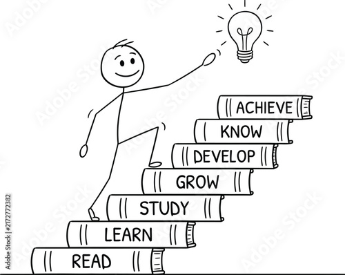 A cheerful stick figure climbs a staircase made of stacked books representing the progressive journey of personal development and intellectual growth