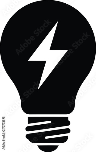 A bold black silhouette icon of a classic light bulb featuring a sharp, geometric lightning bolt symbol centered inside the shape