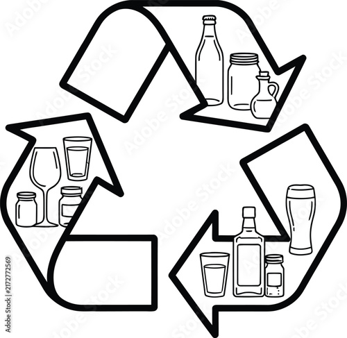 A black and white line art illustration of the universal recycling symbol filled with various types of glass containers and bottles