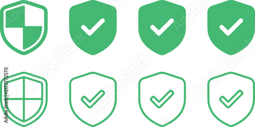 A collection of eight minimalist shield icons featuring various green designs representing security, safety, verification, and digital protection for modern applications.