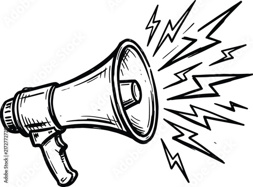 A bold black and white line art illustration of a handheld megaphone projecting powerful electrical lightning bolt sound waves outwards