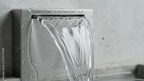Clean Water Filtration Technology, Modern Metal Purifier Outlet, Smooth Flow from Stainless Steel System into Basin, Minimal Industrial Setting