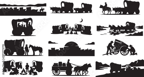 Konstfotografi Set of wild west pioneer silhouette featuring covered wagons, horses, campfires,