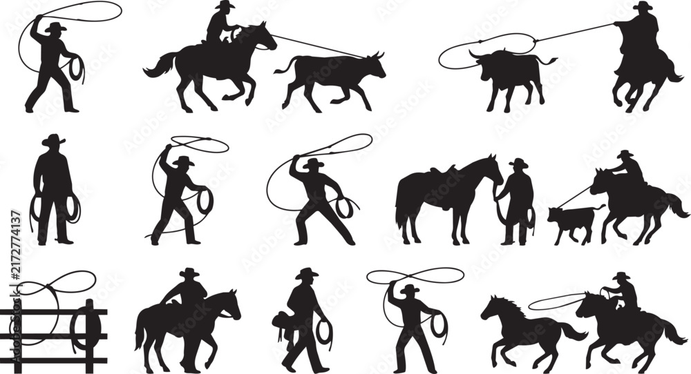 Fototapeta premium Collection of cowboy and rodeo silhouette featuring men riding horses, roping cattle, and western ranch life activities on white background