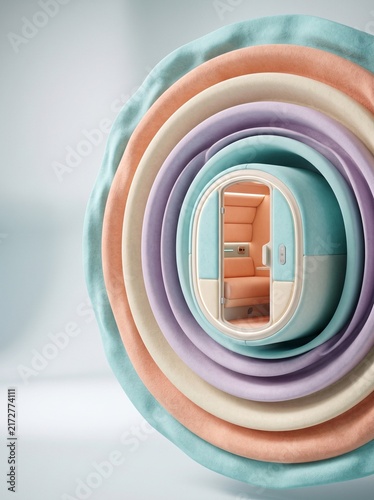 Colorful Rolled Towels in Bathroom with Doorway View