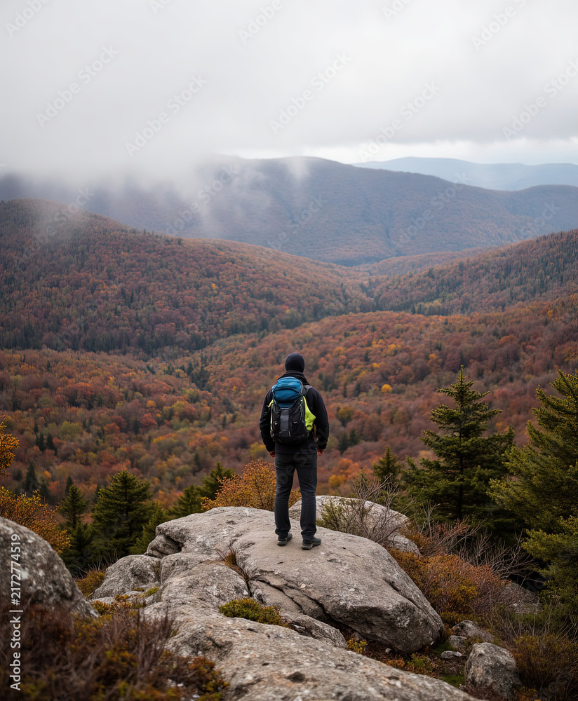 Obraz premium Backpacker male hiker standing on mountain rock peak enjoying view of misty colorful forest valley in autumn