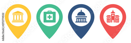 Obraz na plátne Public Building Icons, location pins with courthouse, hospital, police station and fire station symbols for maps, navigation and civic services vector design
