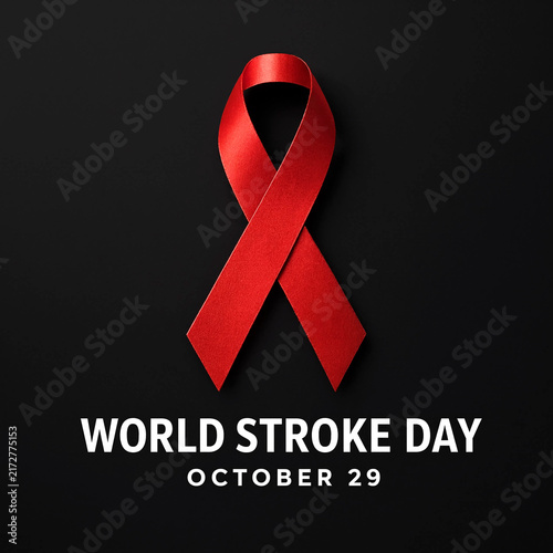 Red awareness ribbon symbolizing world stroke day on dark background for health campaign