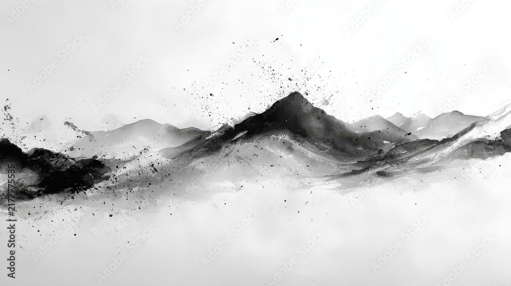 Obraz premium Abstract ink wash painting featuring dramatic mountain ranges with artistic black paint splatters on white background. Perfect for elegant minimalist design and oriental wall art.