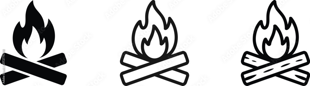 Fototapeta premium Campfire icon featuring bonfire flames, outdoor camping, wilderness adventure, nature, travel, and editable vector illustration.