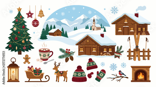 Winter Alpine Landscape Illustration with Snowy Mountains and Pine Trees