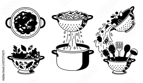 Colander Cooking Draining Washing and Utensil Storage Flat Vector Illustrations