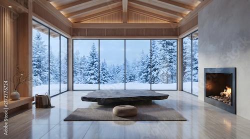 Serene Zen Meditation Studio Surrounded by Snowy Forest in Winter