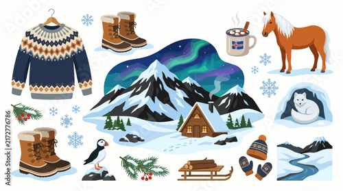 Winter Season Vector Illustration with Snowy Landscape and Trees