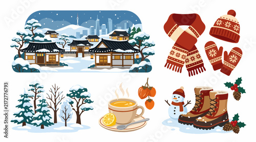 Winter Season Vector Illustration with Snowy Landscape and People