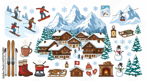 Winter Season Vector Illustration with Snowy Landscape and Trees