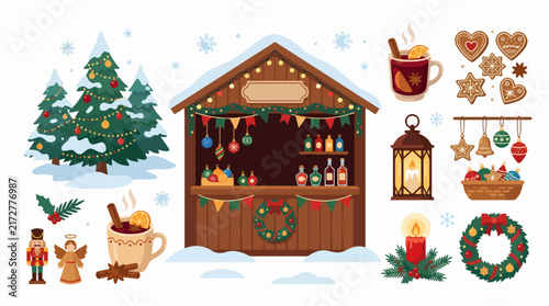 Winter Season Vector Illustration of Snowy Landscape with Trees and Snowflakes