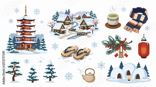 Winter Vector Illustration Pack with Snowy Trees and Snowflakes