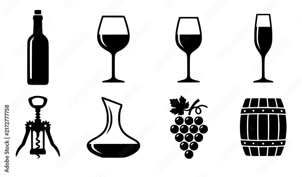 Obraz premium Winery and wine tasting icon set featuring black silhouettes of wine bottle elegant glassware corkscrew decanter grape bunch and traditional wooden aging barrel