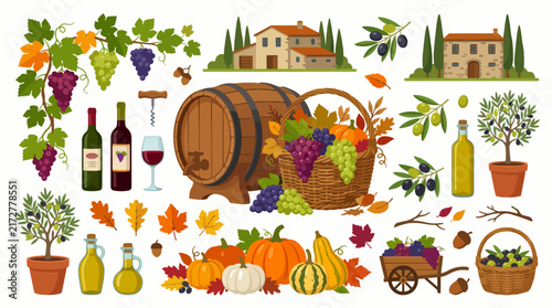 Autumn Harvest Vector Illustration of Ripe Fruits and Fall Foliage