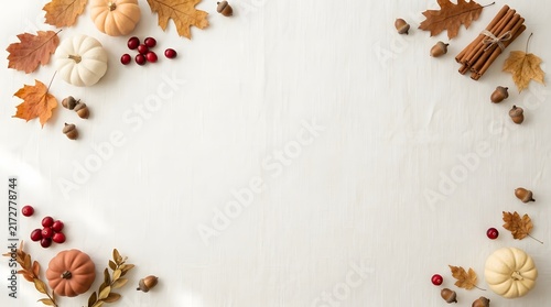 Thanksgiving day fall border frame with pumpkins dry leaves cinnamon sticks