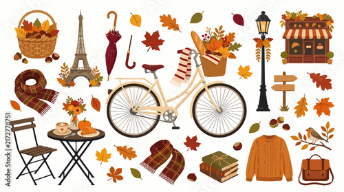 Autumn Season Vector Illustration with Falling Leaves and Trees