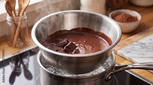 Chocolate melting in double boiler with rising steam