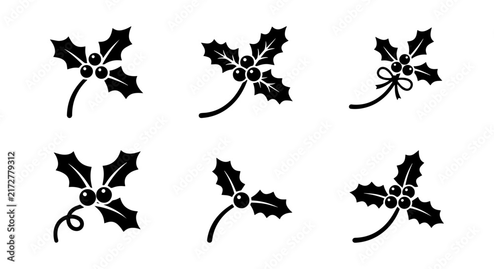 Fototapeta premium Christmas Holly Sprigs Vector Icons, Festive Winter Berries & Leaves, Seasonal Holiday Decorations, Black and White Elements