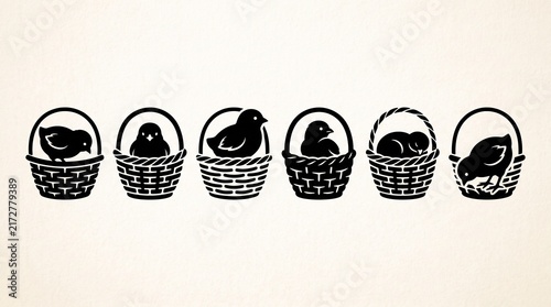 Bird silhouettes nestled in baskets, varied poses, minimalist design, symbolic of nature’s gentleness.