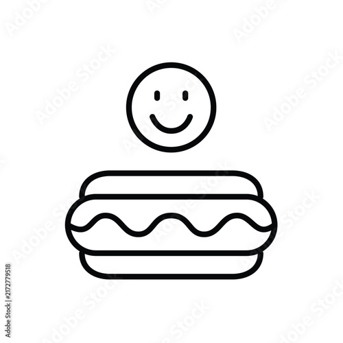 Hot dog in bun and smiley face. Food and delivery positive feedback. Pixel perfect, editable stroke vector icon