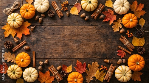 Thanksgiving day flat lay background with pumpkins maple leaves and cinnamon on a dark wooden table