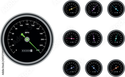 Car speedometer vector icon set. Includes round black dashboard gauges with colorful needles showing speed in mph. Flat design elements for automotive dashboard interfaces and control panels.