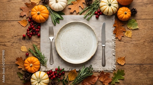 Thanksgiving day table setting with plate fork knife pumpkins and autumn leaves on wooden surface