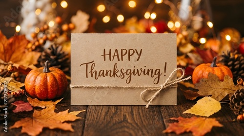 Thanksgiving day greeting card mockup surrounded by festive pumpkins and autumn leaves on wood