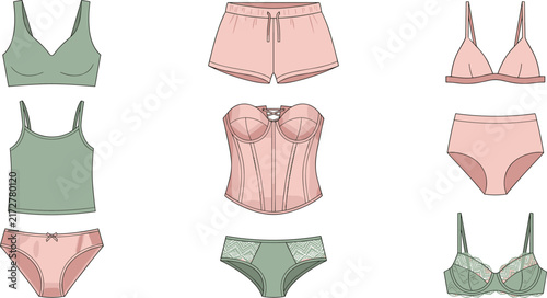Foto Women Lingerie and Underwear Vector Fashion Set with Lace Bras, Briefs, Camisole