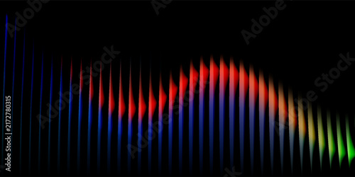 Abstract colorful glowing wavy vertical lines on black background. Spectrum light wave effect