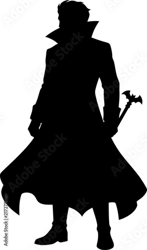 Foto Silhouette of a figure with a long coat and weapon against a white background