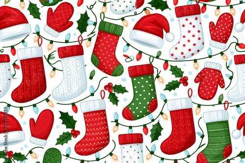Christmas winter holiday seamless pattern with festive elements
