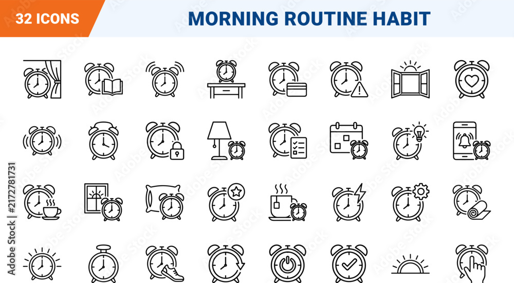 Obraz premium Alarm Clock Early Rise Habit Web Icon Set in Linear Style. Collection of Morning Routine line icons, including morning routine, wake up, daily discipline, sleep cycle, time management, productivity.