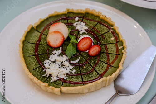 Matcha Green Tea Tart with Strawberries and Chocolate Drizzle