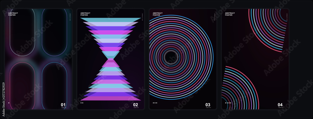 Fototapeta premium Futuristic neon orbit animation frames with violet and cyan circular wave patterns on black background