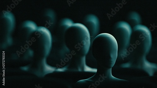 Group of faceless mannequins in a dark modern lecture hall