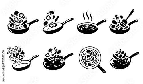 Healthy Stir Fry Cooking Pan and Vegetable Flat Vector Icon Set