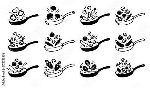 Black and White Vegetable Skillet Silhouette and Outline Vector Collection