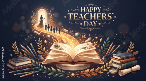 Glowing open book surrounded by pencils and stacked books representing teachers, education, knowledge and inspirational learning