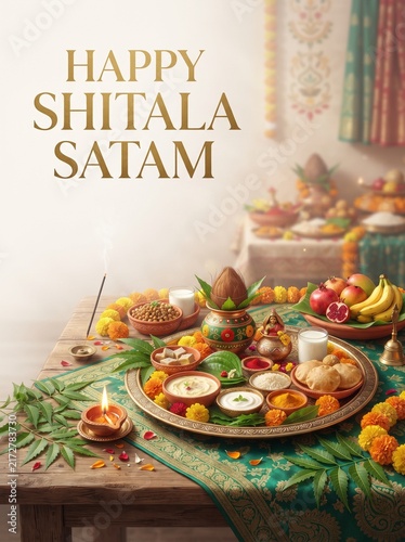 Happy Shitala Satam festival poster with traditional Indian food offerings, flowers, sweets and decorative puja arrangement.