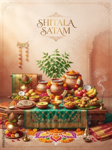 Shitala Satam festival celebration with traditional puja offerings, clay pots, flowers and sacred decorations in an Indian setting