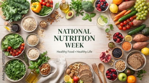 National Nutrition Week healthy food banner featuring fresh vegetables, fruits, grains and nutritious ingredients arranged around a meal