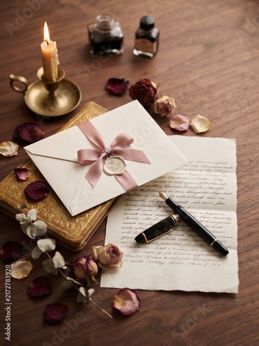 Romantic handwritten letter with envelope, dried flowers and fountain pen on a rustic wooden desk for personal correspondence